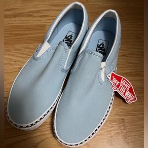 VANS LIGHT BLUE WITH CHECKER TRIM SLIP ON SHOES WOMENS SIZE 10 / MENS 8.5